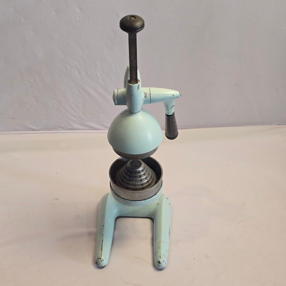 Vintage Juice King Deluxe Citrus Juicer Hand Press Manual Blue Enamel Retro
